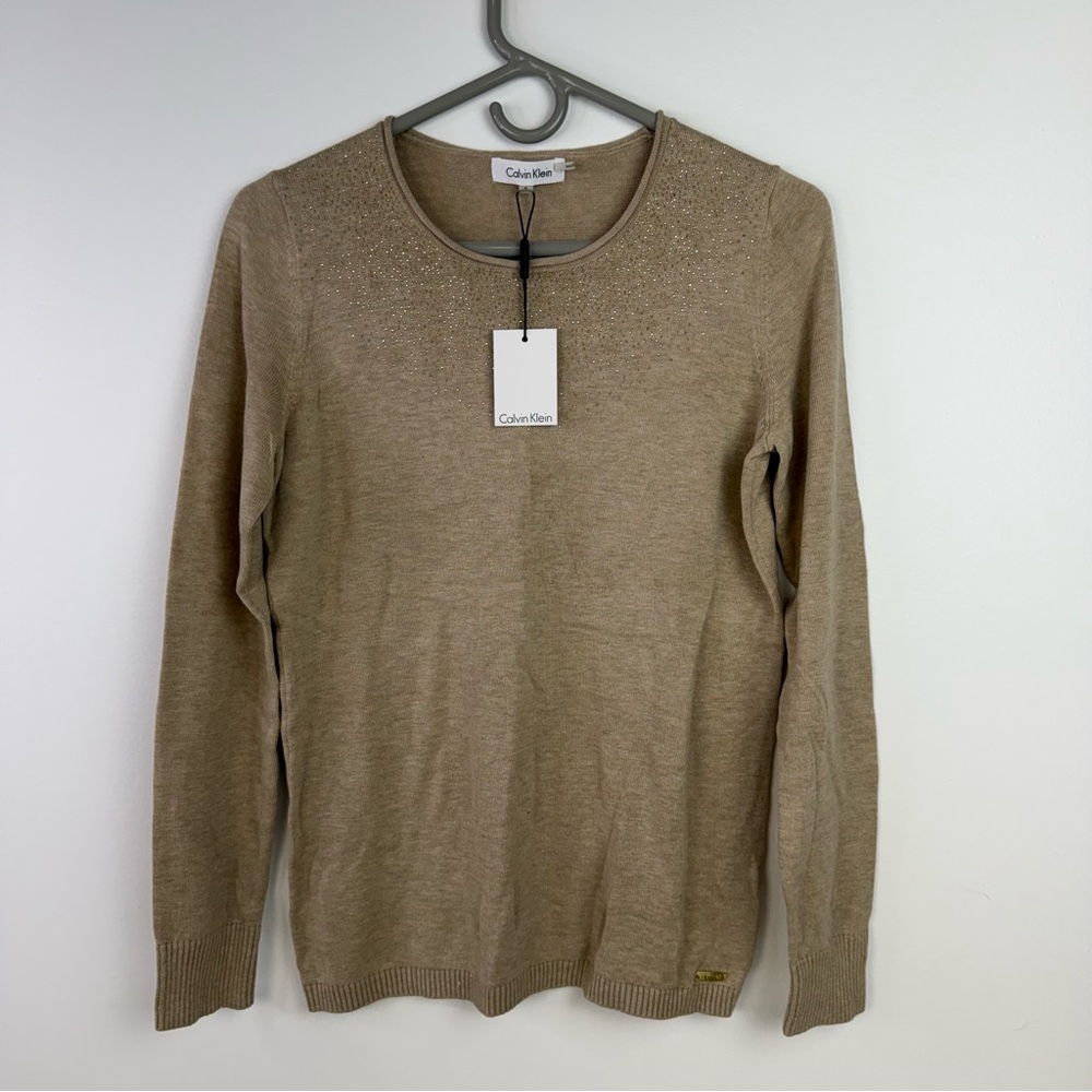 Calvin Klein Womens Tan Studded Crew Neck Long Sleeve Sweater NWT Size S